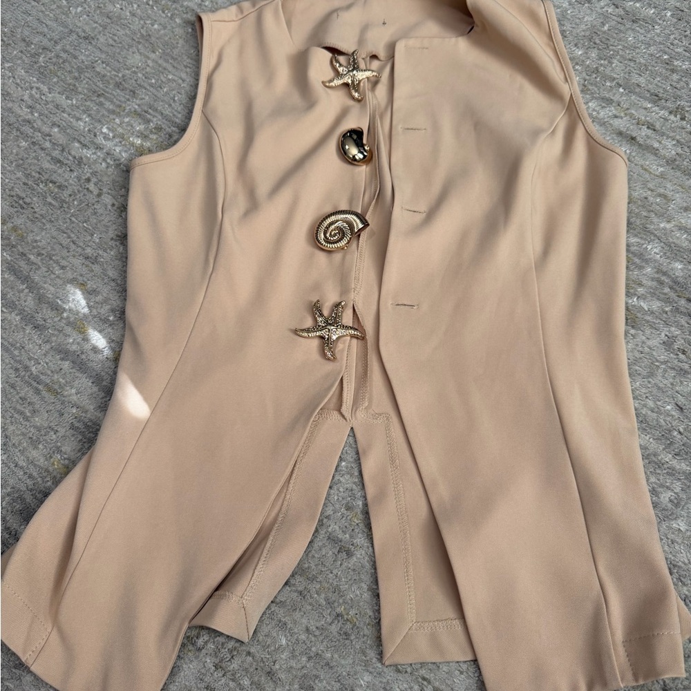 Sleeveless Beige Jumpsuit with Nautical Shell Buttons